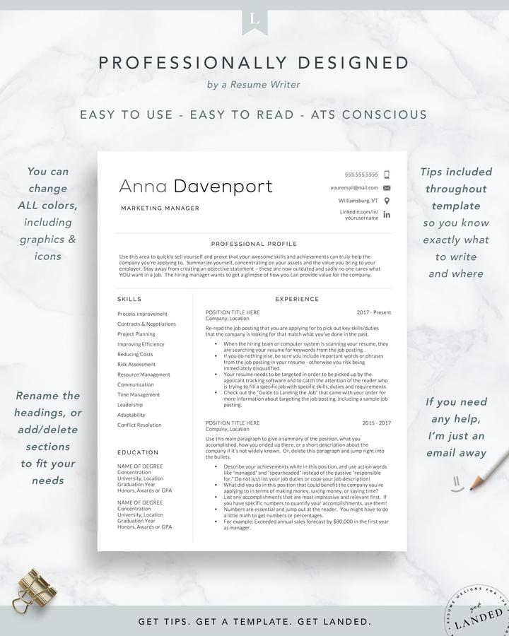 MODERN MARKETING RESUME TEMPLATE: ANNA DAVENPORT 6 Minimal Clean Resume Template for Word and Pages - Anna Davenport