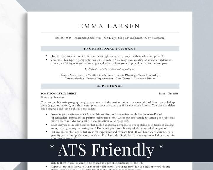 PROJECT MANAGER RESUME TEMPLATE FOR CONSULTANCY POSITION EMMA LARSEN 1 ATS Friendly Resume Template for Word, Pages, Google Docs Resume Template 2