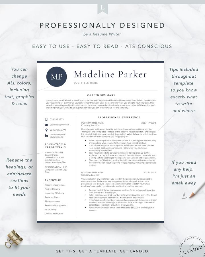 Professional Initials Resume Template for Word and Pages -Madeline Parker