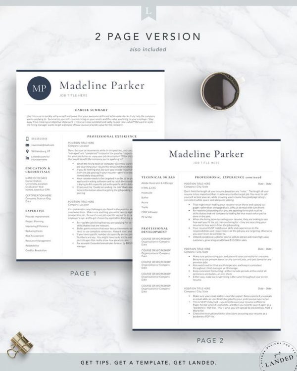 Professional Initials Resume Template for Word and Pages -Madeline Parker
