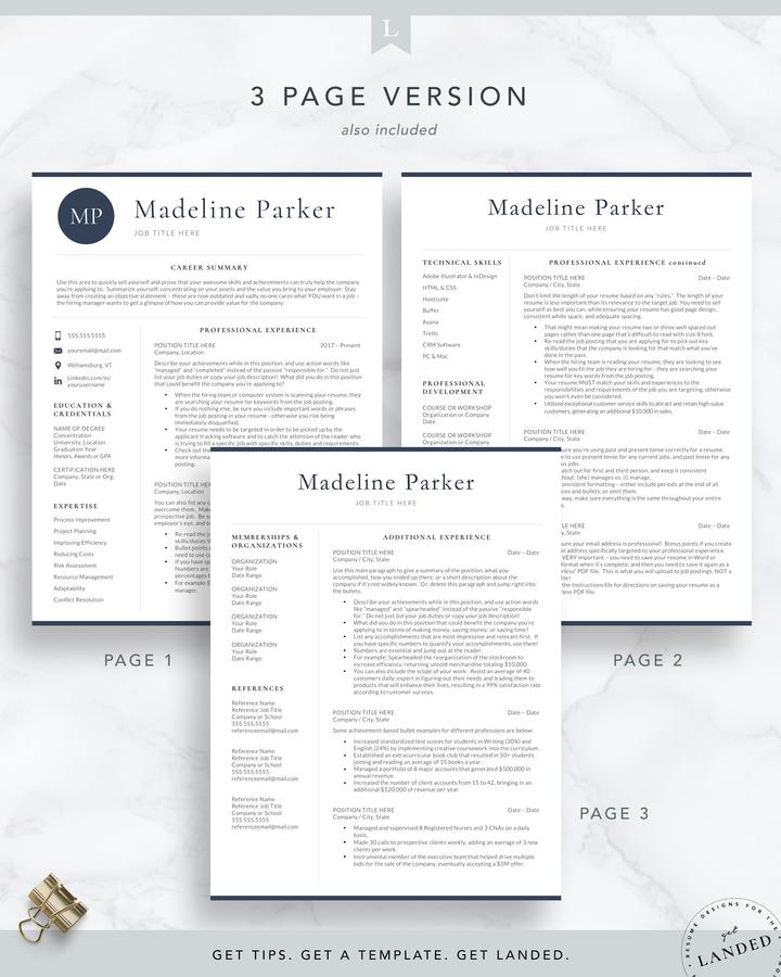 Professional Initials Resume Template for Word and Pages -Madeline Parker