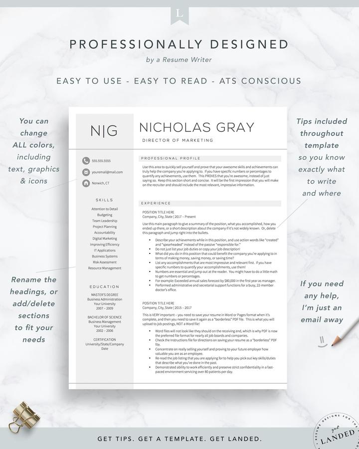 MODERN MARKETING MANAGER RESUME TEMPLATE NICHOLAS GRAY 3 Professional Resume Template for Word and Pages