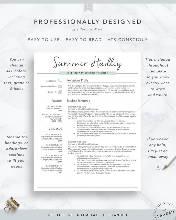 Teacher Resume Template for Word and Pages, Teaching Resume - Summer Hadley